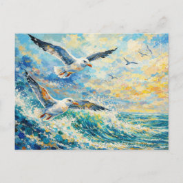 Cartão Postal De Festividades Gaivotas Vibrantes Sobre as Ondas do Oceano Impres