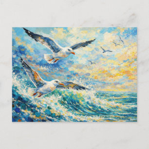 Cartão Postal De Festividades Gaivotas Vibrantes Sobre as Ondas do Oceano Impres