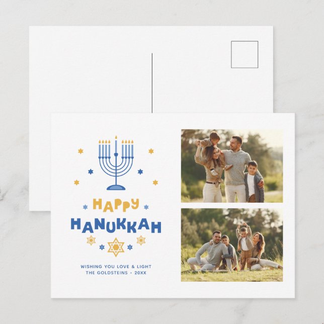 Cartão Postal De Festividades Galeria de 2 Fotos "Happy Hanukkah" (Frente/Verso)