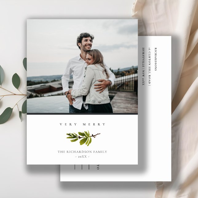 Cartão Postal De Festividades Galho de Pinheiro Mínimo Foto de Natal Muito Alegr (Criador carregado)