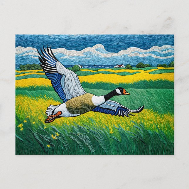 Cartão Postal De Festividades Ganso Selvagem Voando Sobre Prados Sanguíneos (Frente)
