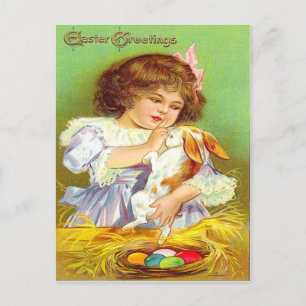 Cartão Postal De Festividades Garota Antiga Com Coelho & Ovos de Páscoa Cartão d