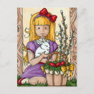 Cartão Postal De Festividades Garota Bonita e Bonitinha de Páscoa