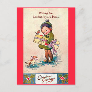 Cartão Postal De Festividades Garota, Cachorro e Pássaro Natal de 1920