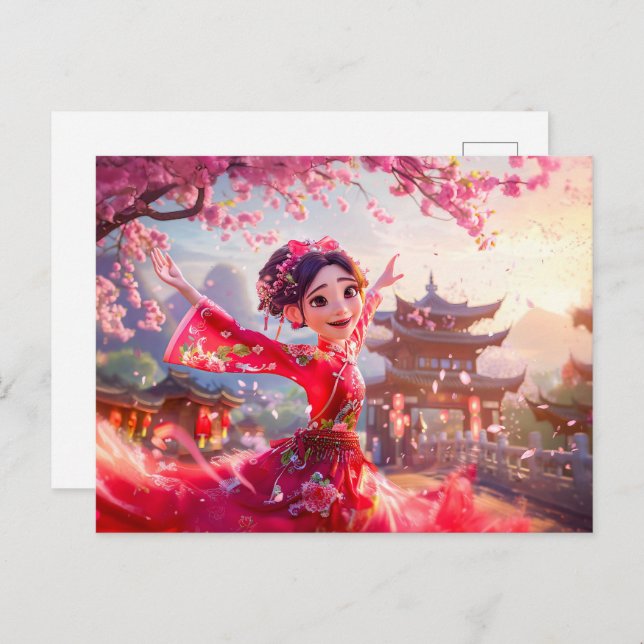 Cartão Postal De Festividades Garota Cômica Dançando com Blossomas de Cereja em  (Frente/Verso)