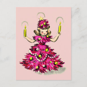 Cartão Postal De Festividades Garota de árvore de Natal rosa retrô fofa