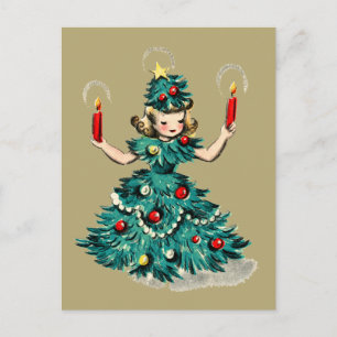Cartão Postal De Festividades Garota de árvore de Natal vintage retrô fofa