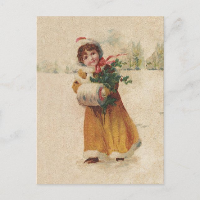 Cartão Postal De Festividades Garota de Natal Antiquada Menina de inverno (Frente)
