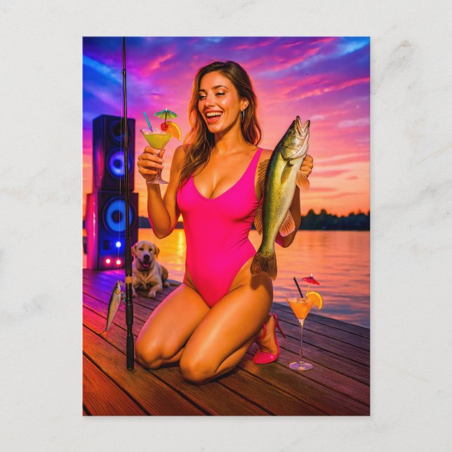 Cartão Postal De Festividades Garota do partido pescando coquetel e música (Frente)