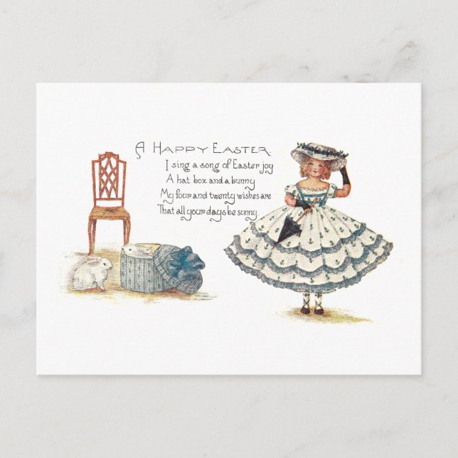 Cartão Postal De Festividades Garota em Páscoa Vestido e Bunnies (Frente)