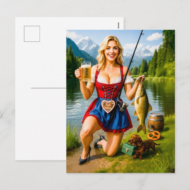 Cartão Postal De Festividades Garota engraçada pescando com traje tradicional bá (Frente/Verso)