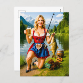 Cartão Postal De Festividades Garota engraçada pescando vestida bávaro tradicion