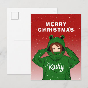 Cartão Postal De Festividades Garota Fofa com Desenho de Capuz de Sapo Verde Nat