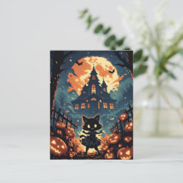 Cartão Postal De Festividades Garota Gato do Halloween na Casa Assombrada