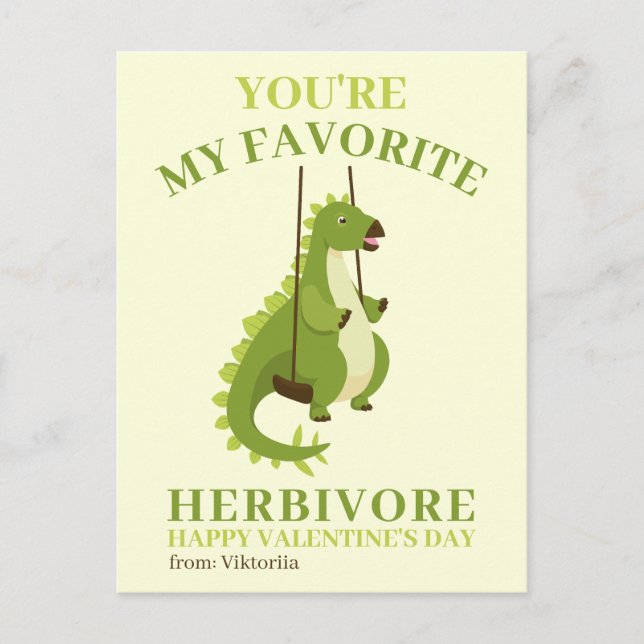 Cartão Postal De Festividades Garota Namorados de escola de dinossauros verdes (Frente)