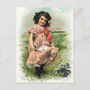 Cartão Postal De Festividades Garota Pequena e Páscoa de Ovos