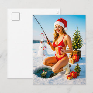 Cartão Postal De Festividades Garota Pin-Up Brincalhona Pescando de Biquíni Verm