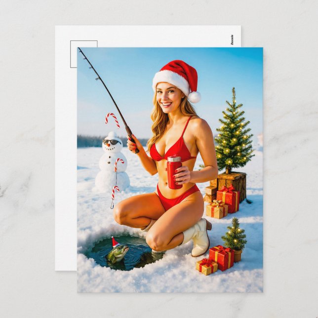 Cartão Postal De Festividades Garota preguiçosa pescando em Red Bikini (Frente/Verso)
