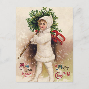 Cartão Postal De Festividades Garota Vintage com Árvore de Natal, Ellen Clapsad