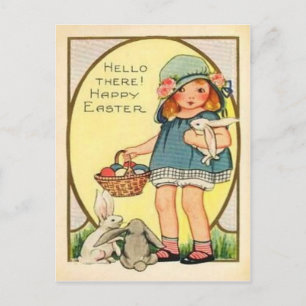 Cartão Postal De Festividades Garota Vintage com Coelhinhos e Ovos de Páscoa Pás