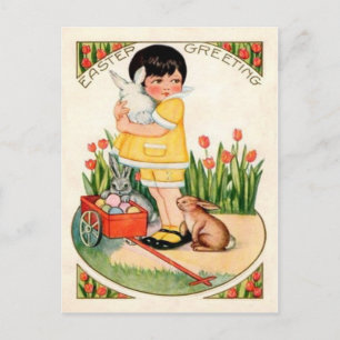 Cartão Postal De Festividades Garota Vintage com Coelhos e Ovos da Páscoa