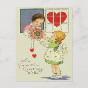 Cartão Postal De Festividades Garota Vintage Dando Buquê de Flores no Dia dos Na