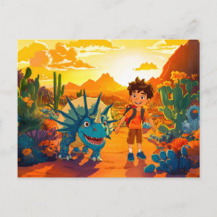 Cartão Postal De Festividades Garoto anime andando Tricerátops no pôr do sol