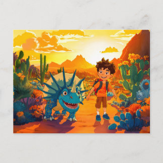 Cartão Postal De Festividades Garoto anime andando Tricerátops no pôr do sol