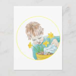 Cartão Postal De Festividades Garoto Com Daffodils
