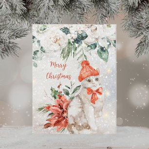 Cartão Postal De Festividades Gatinho Aquarela Fofinho Feliz Natal