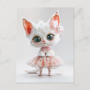 Cartão Postal De Festividades Gatinho Bonito com olhos grandes no vestido rosa