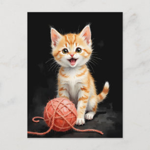 Cartão Postal De Festividades Gatinho Brincalhão com Impressão em Aquarela de Li