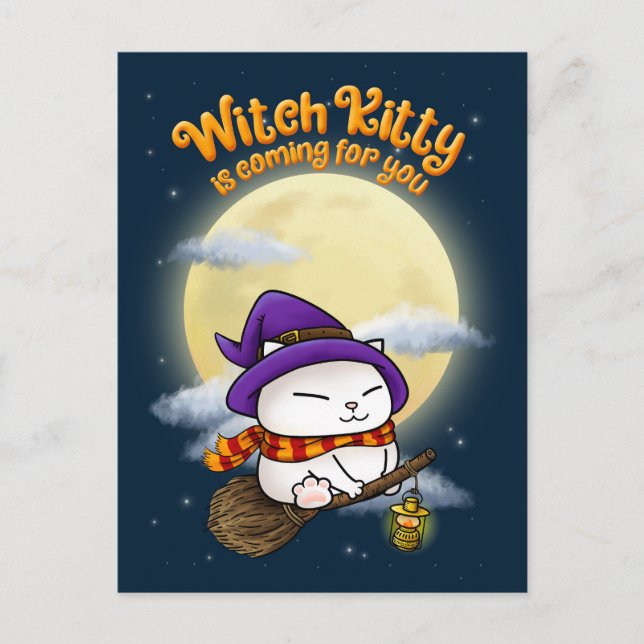Cartão Postal De Festividades Gatinho de Bruxas de Gato Halloween (Frente)