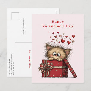 Cartão Postal De Festividades Gatinho de Desenho Animado Fofo com Corações Dia d