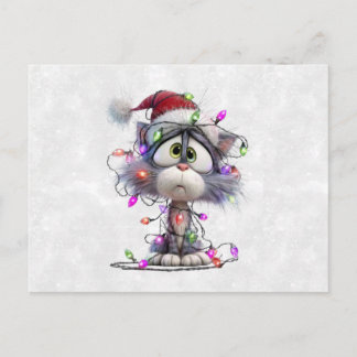 Cartão Postal De Festividades Gatinho de Natal emaranhado em Luzes