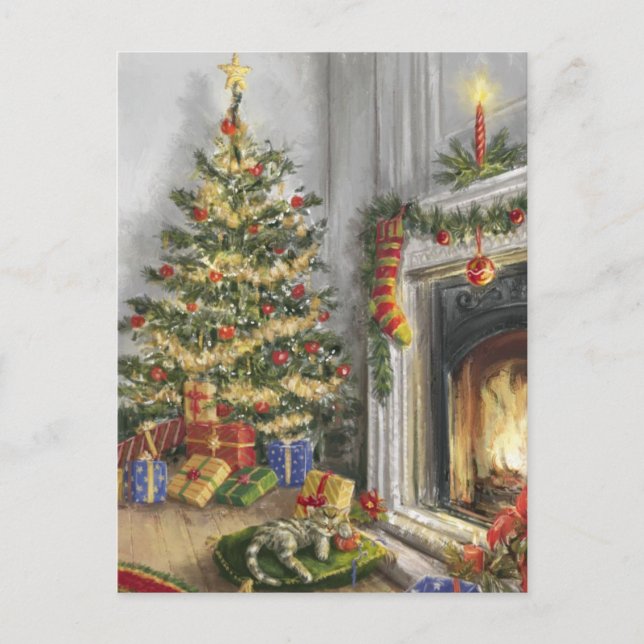 Cartão Postal De Festividades Gatinho Dormindo Pela Árvore De Natal (Frente)