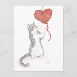 Cartão Postal De Festividades Gatinho e Namorados de Coração de Yarn
