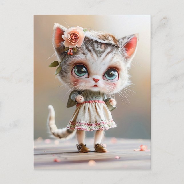 Cartão Postal De Festividades Gatinho em vestido branco em ambientes internos (Frente)