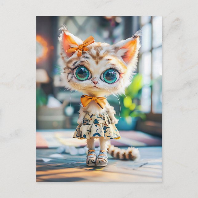 Cartão Postal De Festividades Gatinho em vestidos patenteados dentro de casa (Frente)