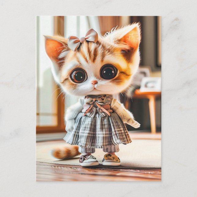 Cartão Postal De Festividades Gatinho em vestidos patenteados dentro de casa (Frente)