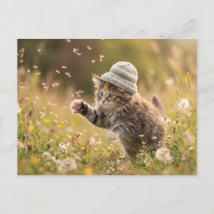 Cartão Postal De Festividades Gatinho Fofo Vestindo um Chapéu Brincando com Dent