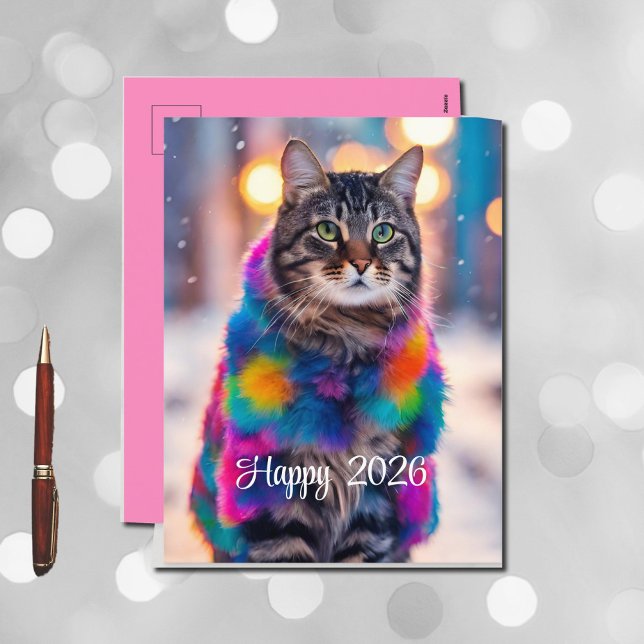 Cartão Postal De Festividades Gatinho Jazzy em pelo casaco - Feliz 2026 (Criador carregado)
