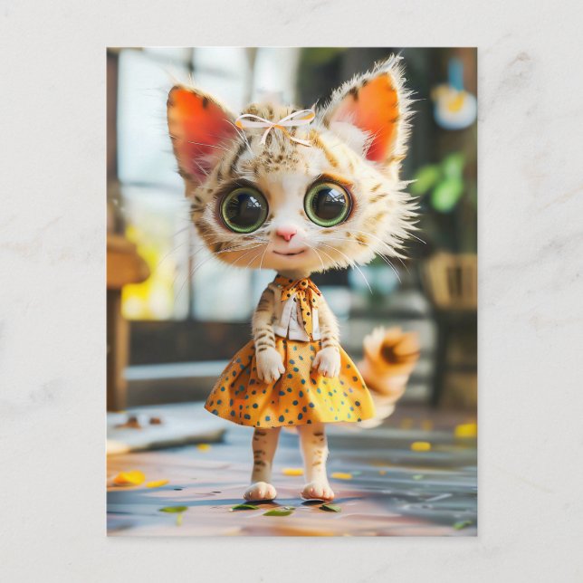 Cartão Postal De Festividades Gatinho na saia amarela e blusa (Frente)