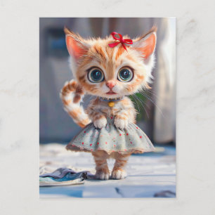 Cartão Postal De Festividades Gatinho na saia azul e blusa