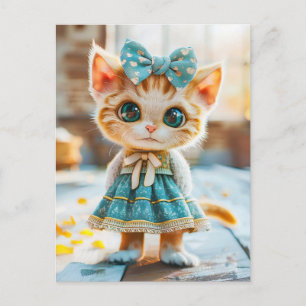 Cartão Postal De Festividades Gatinho na saia azul e blusa