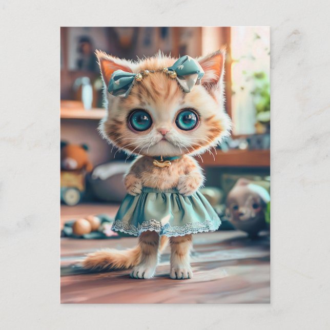 Cartão Postal De Festividades Gatinho na saia azul e fita na cabeça (Frente)
