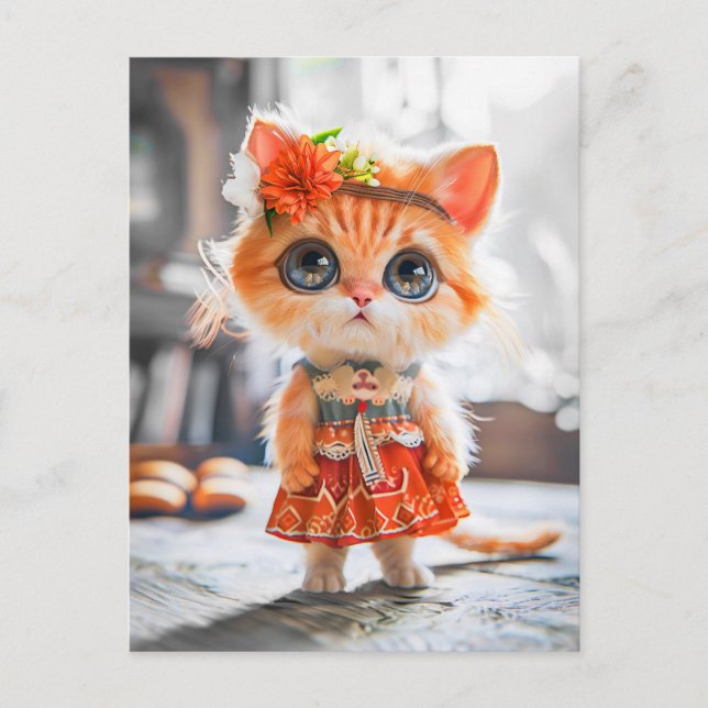 Cartão Postal De Festividades Gatinho no vestido vermelho no quarto (Frente)