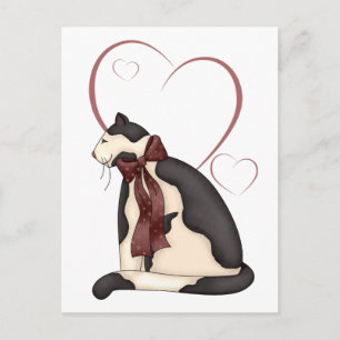 Cartão Postal De Festividades Gatinho Preto e Branco com Namorados de Corações
