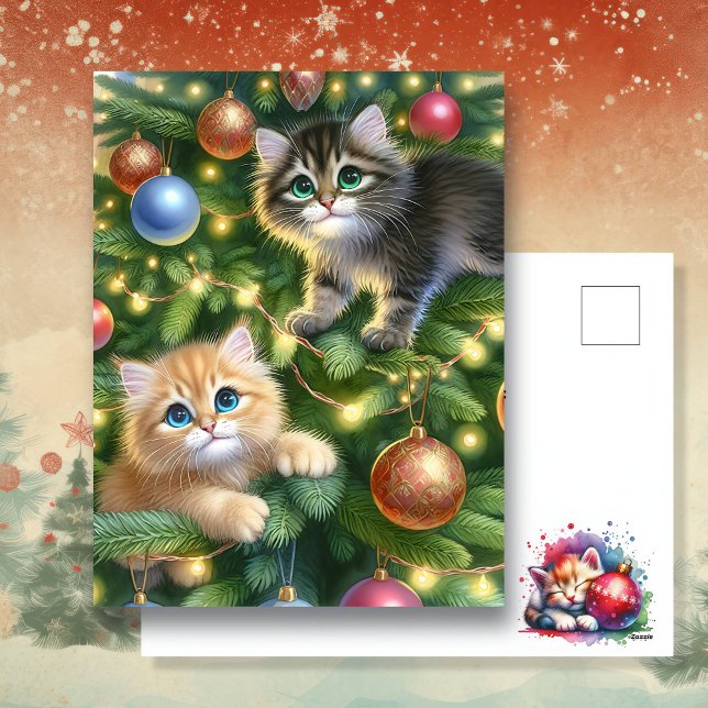Cartão Postal De Festividades Gatinhos bonitos na árvore de Natal (Criador carregado)