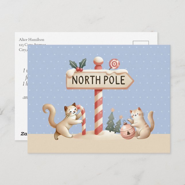 Cartão Postal De Festividades Gatinhos Cachorros Natal no Polo Norte (Frente/Verso)